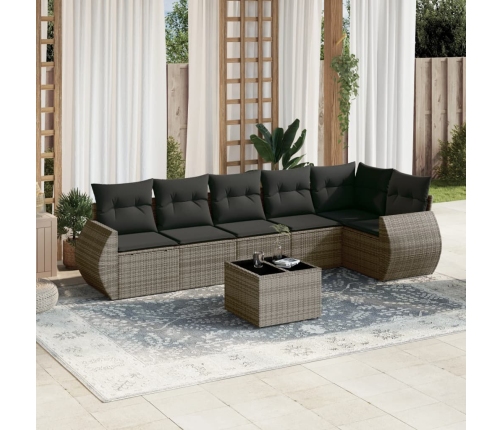 Set de sofás de jardín 7 piezas con cojines ratán PE gris