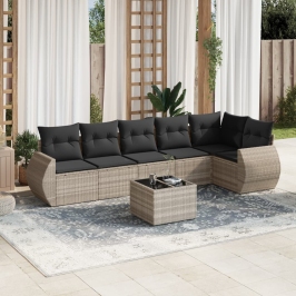 Set de sofás de jardín 7 pzas con cojines ratán PE gris claro