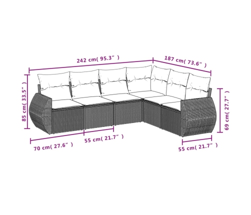 Set de muebles de jardín 6 pzas y cojines ratán sintético gris