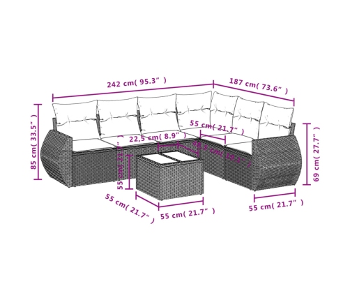 Set de comedor de jardín 7 pzas y cojines ratán sintético negro