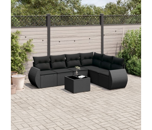 Set de comedor de jardín 7 pzas y cojines ratán sintético negro