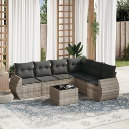 Set de sofás de jardín 7 pzas con cojines ratán PE gris claro
