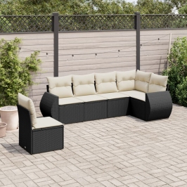 Set de sofás de jardín 6 piezas y cojines ratán sintético negro