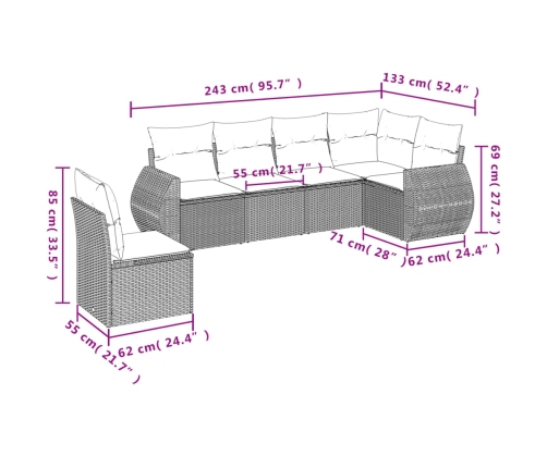 Set de sofás de jardín 6 pzas y cojines ratán sintético gris