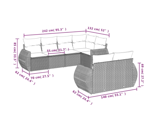 Set de comedor de jardín 7 pzas y cojines ratán sintético negro