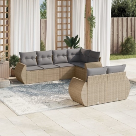 Set sofás de jardín 7 piezas y cojines ratán sintético beige