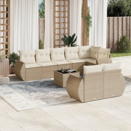 Set de sofás de jardín 9 pzas con cojines ratán sintético beige