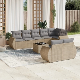 Set de sofás de jardín 9 pzas con cojines ratán sintético beige