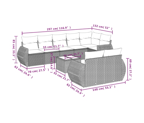 Set de muebles de jardín 9 pzas y cojines ratán sintético gris