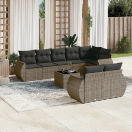 Set de muebles de jardín 9 pzas y cojines ratán sintético gris