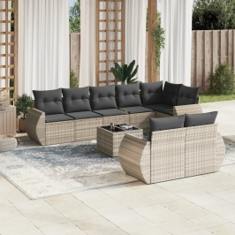 Set muebles jardín 9 pzas y cojines ratán sintético gris claro