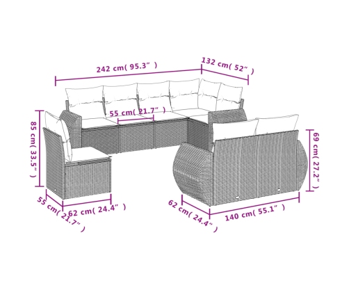 Set de sofás de jardín 8 pzas y cojines ratán sintético gris