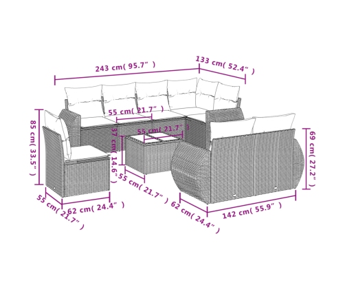 Set de sofás de jardín 9 pzas con cojines ratán sintético beige