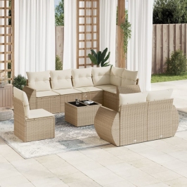 Set de sofás de jardín 9 pzas con cojines ratán sintético beige