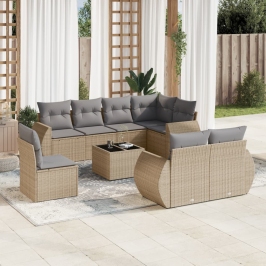 Set de sofás de jardín 9 pzas con cojines ratán sintético beige