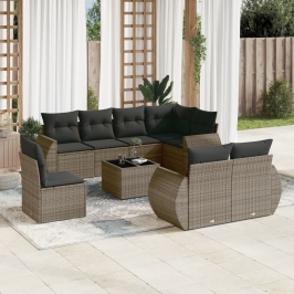 Set de muebles de jardín 9 pzas y cojines ratán sintético gris