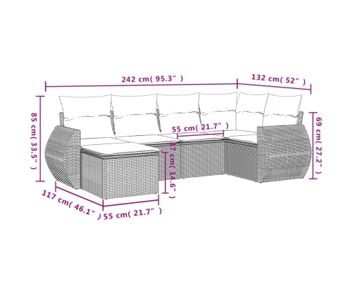 Set de sofás de jardín 6 piezas y cojines ratán sintético negro