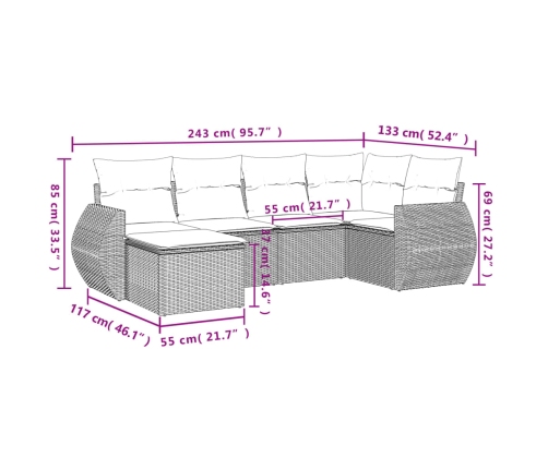 Set sofás de jardín 6 piezas y cojines ratán sintético marrón