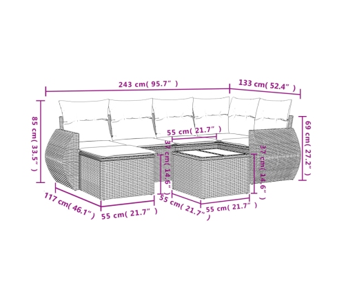 Set de comedor de jardín 7 pzas y cojines ratán sintético negro