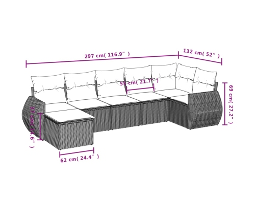 Set de comedor de jardín 7 pzas y cojines ratán sintético negro