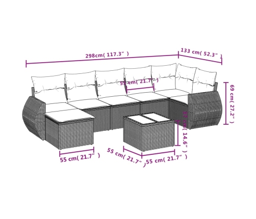 Set sofás de jardín 8 piezas y cojines ratán sintético marrón