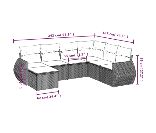 Set de comedor de jardín 7 pzas y cojines ratán sintético negro