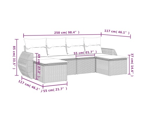 Set de sofás de jardín 6 pzas y cojines ratán sintético gris