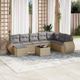 Set de sofás de jardín 9 pzas con cojines ratán sintético beige