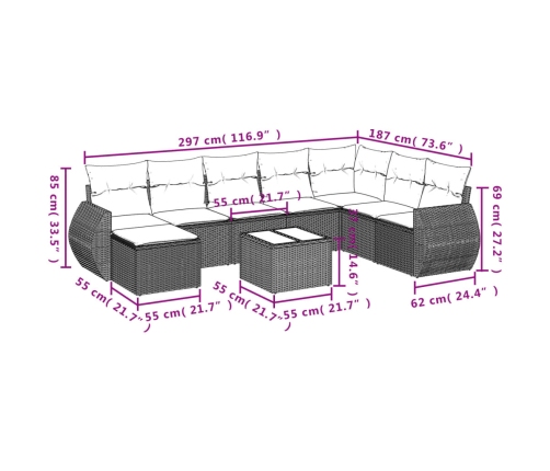 Set de muebles de jardín 9 pzas y cojines ratán sintético gris