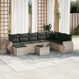 Set muebles jardín 9 pzas y cojines ratán sintético gris claro