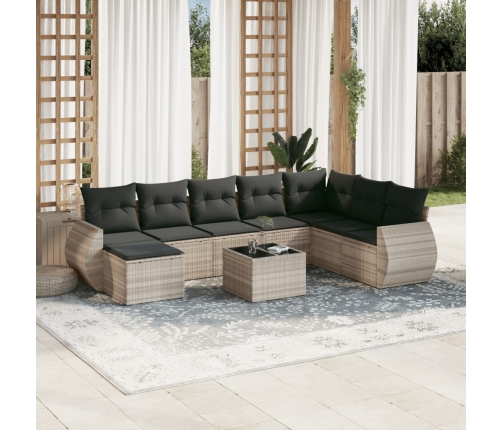 Set muebles jardín 9 pzas y cojines ratán sintético gris claro