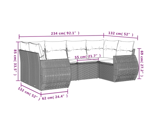 Set de muebles de jardín 6 pzas y cojines ratán sintético gris