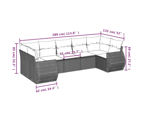 Set de sofás de jardín 7 piezas con cojines ratán PE gris