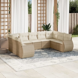 Set de sofás de jardín 9 pzas con cojines ratán sintético beige