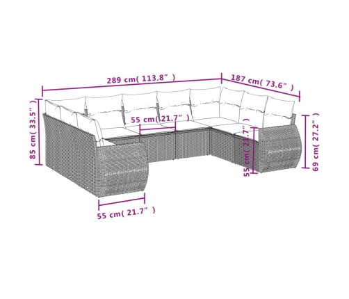 Set de muebles de jardín 9 pzas y cojines ratán sintético gris