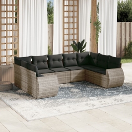 Set de muebles de jardín 9 pzas y cojines ratán sintético gris