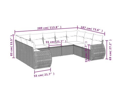 Set muebles jardín 9 pzas y cojines ratán sintético gris claro