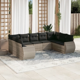 Set muebles jardín 9 pzas y cojines ratán sintético gris claro