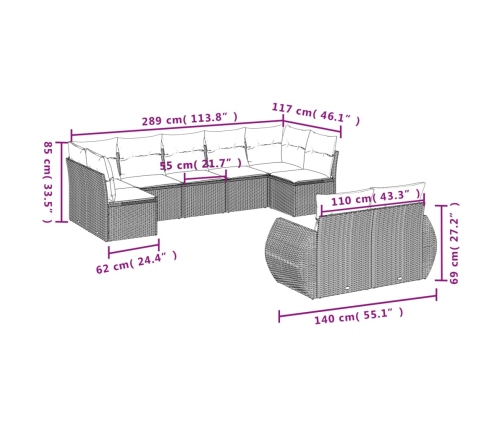 Set de sofás de jardín 9 pzas con cojines ratán sintético beige