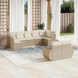 Set de sofás de jardín 9 pzas con cojines ratán sintético beige