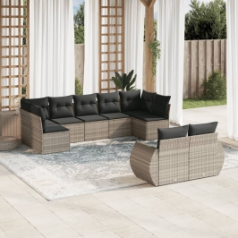 Set muebles jardín 9 pzas y cojines ratán sintético gris claro