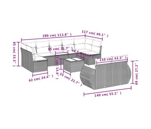 Set de sofás de jardín 10 pzas cojines ratán sintético negro