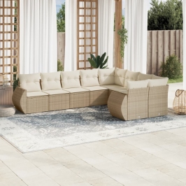 Set de sofás de jardín 9 pzas con cojines ratán sintético beige