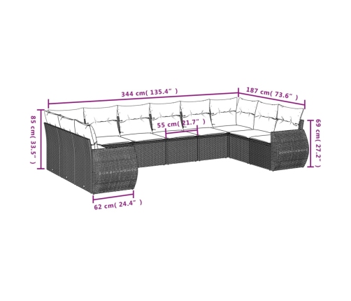 Set de sofás de jardín 11 pzas y cojines ratán sintético negro