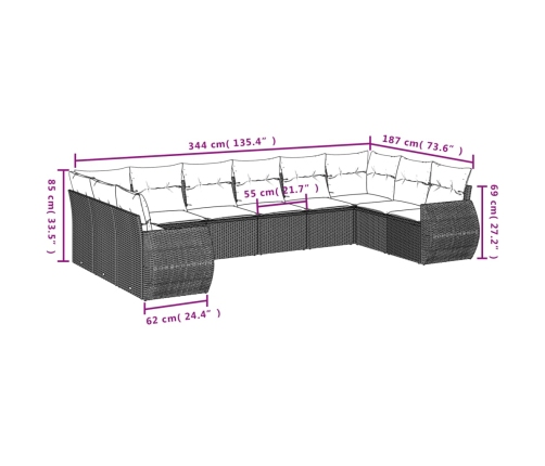 Set de sofás de jardín 11 pzas y cojines ratán sintético gris