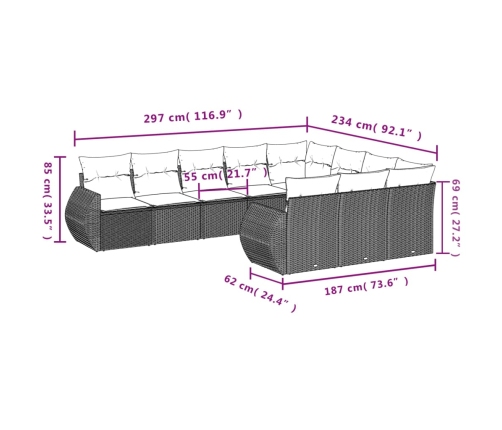 Set de sofás de jardín 10 pzas cojines ratán sintético negro