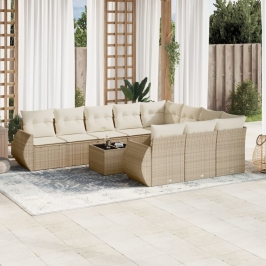 Set de sofás de jardín 11pzas con cojines ratán sintético beige