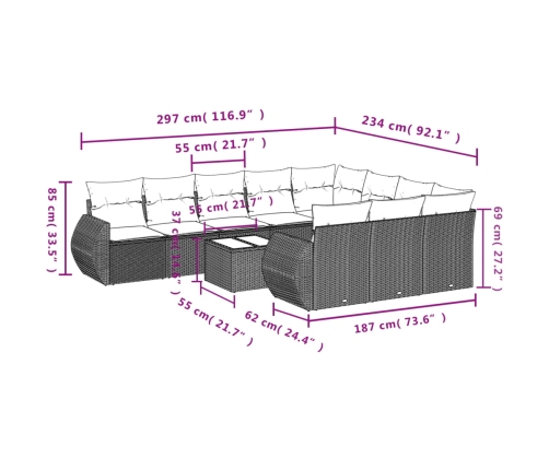 Set de sofás de jardín 11pzas con cojines ratán sintético beige