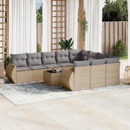 Set de sofás de jardín 11pzas con cojines ratán sintético beige