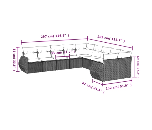 Set de sofás de jardín 10 pzas cojines ratán sintético negro